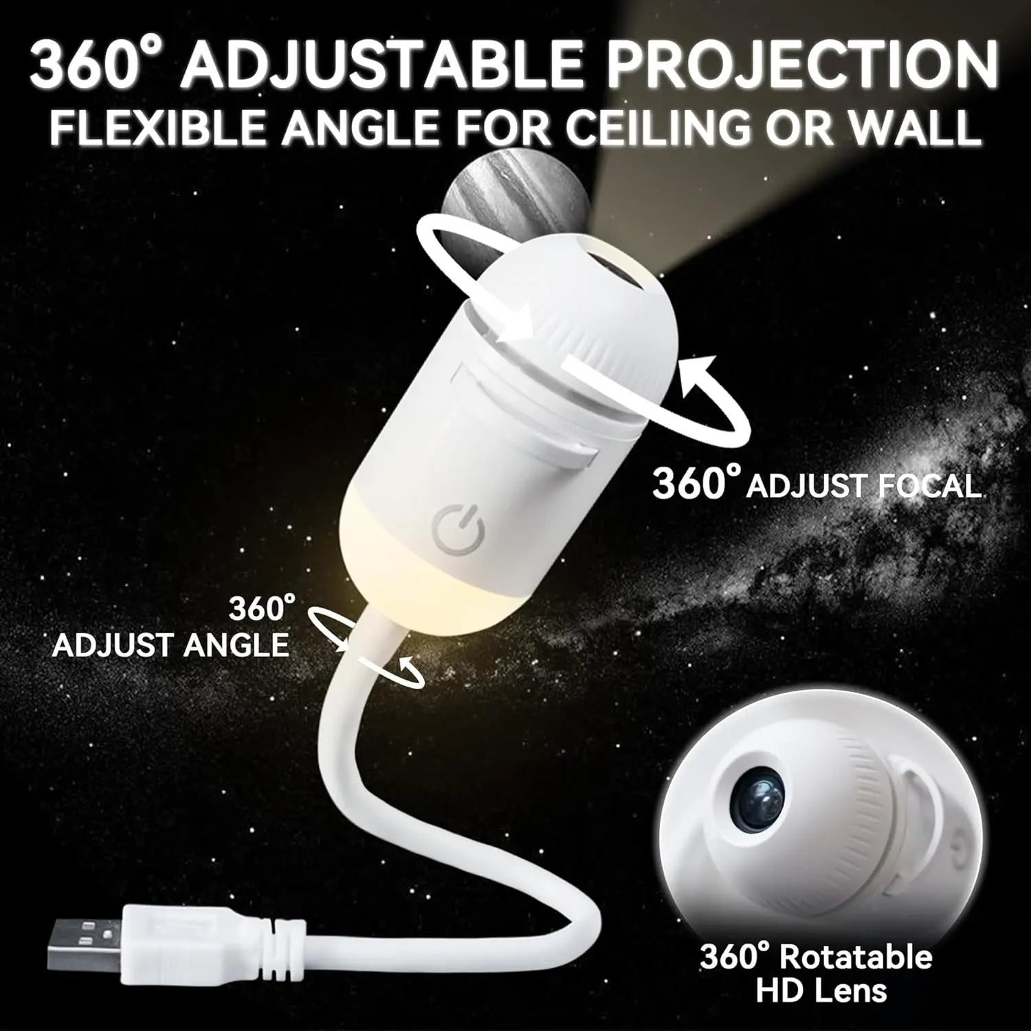 2-In-1 Galaxy Projector Night Light Adjustable Brightness & Focus 360° Rotating Design USB Starry Sky Night Light Projector